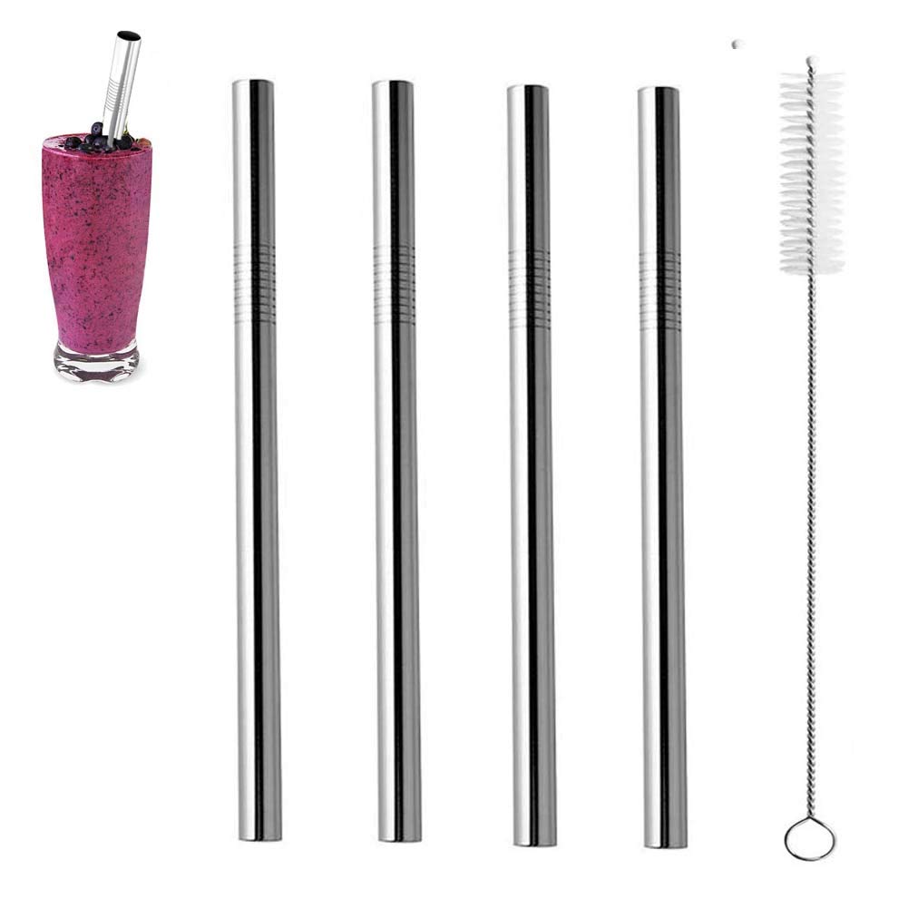 ZhaoCo Stainless Steel Drinking Straws, 8.5 inch Set of 4 Reusable Washable Metal Drinking Straws with 1 Cleaning Brush for Smoothie, Milkshake, Cocktail and Hot Drinks - Straight