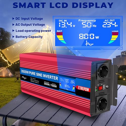 ETREPOW 3500W Inverter 12 V 220 V Pure Sine Wave Voltage Converter with 2 EU Sockets and a 2.1 A USB, Wireless Remote Control, LCD Display and 2 Fans, Peak 7000 W