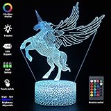 VANSIHO 3D Optical Illusion Night Light 7 LED Color Changing Lamp Gift for Kids with Remote Crackle White Base (Wing Unicorn-1)