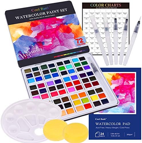Watercolor Paint Set, 72 Vivid Colours with 6 Watercolor Brushes,1×24 Web page Pad,2 Artwork Sponges,1 Palette and Present Field, Transportable Portray Artwork Portray, Excellent for College students, Children, Learners and Extra