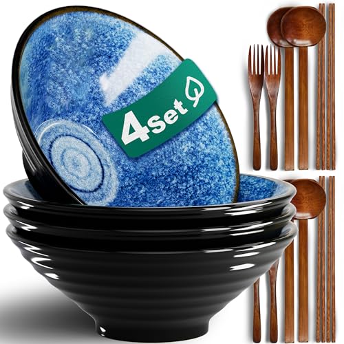 8 Inch Set of 4 Large Ceramic Ramen Bowls (16 Pieces), Japanese Dishwasher-Compatible Tableware with Fork Chopsticks and Spoon Soup Bowl Salad Gifts for Men Women