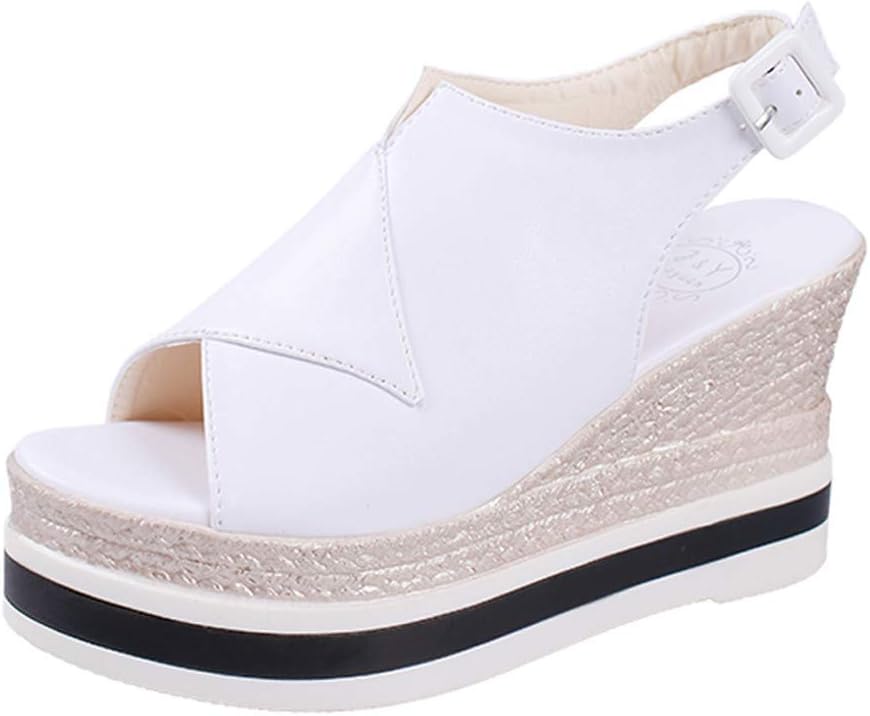 Women Waterproof Solid Wedges Summer Peep Toe Thick Bottom Buckle Strap Non-Slip Shoes Fashion Ankle Buckle Beach Sandals High (5cm-8cm)