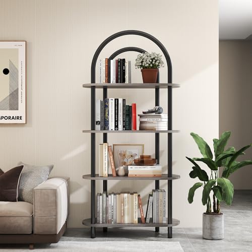 YOSHOOT 4 Tier Curved Bookcase with Metal Frame and Wooden Shelves 165cm High Ideal for Living Room Study Office 80 x 30 x 165 cm (Grey Oak)