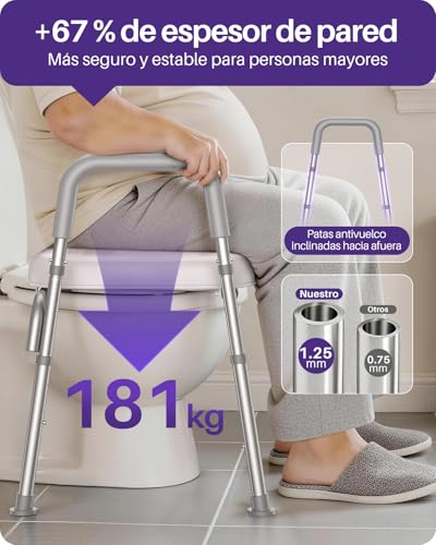 KEKOY Elevador WC adulto con 7 ajustes de altura y 3 de ancho y reposabrazos. Montaje sin herramientas, el alzador WC adulto es compatible con la mayoría de inodoros, ideal para mayores, Gris