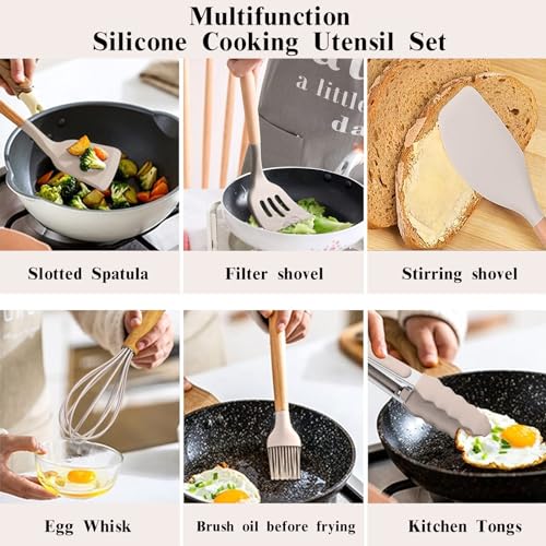 ARCHAEOPTERYX Kitchen Cooking Utensils Set, 46 pcs Non-Stick Silicone Cooking Kitchen Utensils Spatula Set with Holder, Wooden Handle Silicone Kitchen Heat Resistant Gadgets Utensil Set (Khaki)