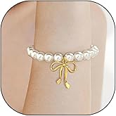 Dainty Gold Plated Bow Pearl Beaded Bracelets for Women,Exquisite Bow Charm Adjustable Pearl Link Bracelets,Sweet Birthday Graduation Jewelry Gifts