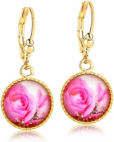 Pink Floral Dangle Earrings -Printed Resin Cabochon -24K Gold Coated -Clecceli