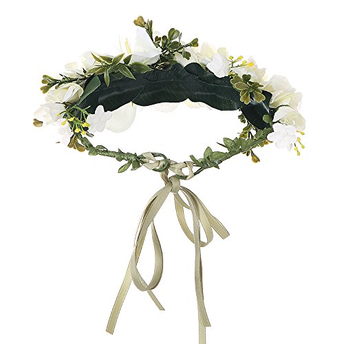 Felice Arts Handmade Boho Flower Headband Hair Wreath Halo Floral Garland Crown Headpiece with Adjustable Ribbon Festival Wedding Party, Cream
