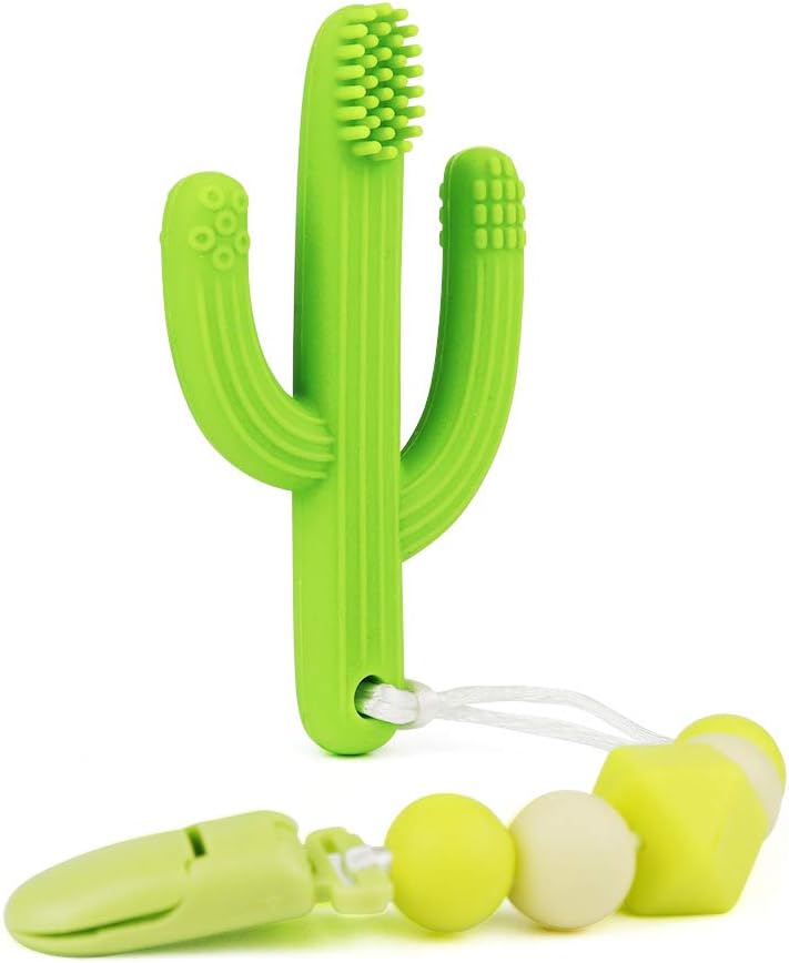KEFU Baby Teether Toys Cactus Teething Toy Toothbrushc and Silicone Pacifier Clips,Self-Soothing Pain Relief Teether Training Toothbrush for Babies, Toddlers, Infants,BPA Free, (Green)