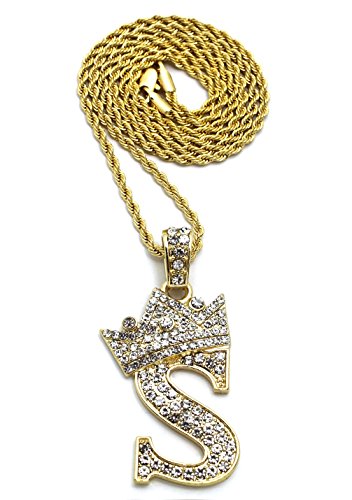 Crown gold-tone iced out king crown initial letters pendant 24&qu…