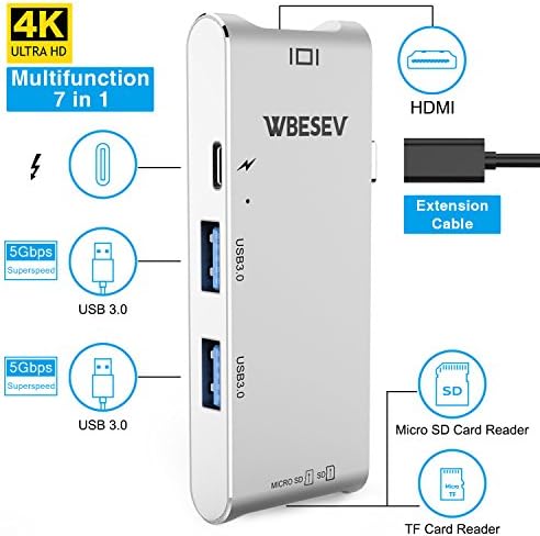 USB C Hub, 7 in 1 Type C Adapter 4K HDMI 2 USB 3.0 Ports SD TF Card Reader for Apple MacBook 12" / New MacBook Pro 13" 15" / ChromeBook and More