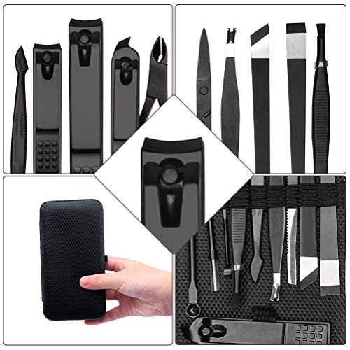 Manicure Pedicure Set Nail Clippers 17 Piece Stainless Steel Nail Kit & Professional Grooming Kit with Black Leather Travel Case