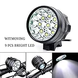 Bike Light,Witmoving Headlamp 9 X CREE T6 LED,3 Modes Mountain Bike Light with 15000LM,6 X 1200mah,18650 Battery Pack+Charger for Cycling, Running,Hiking,Camping,Fishing