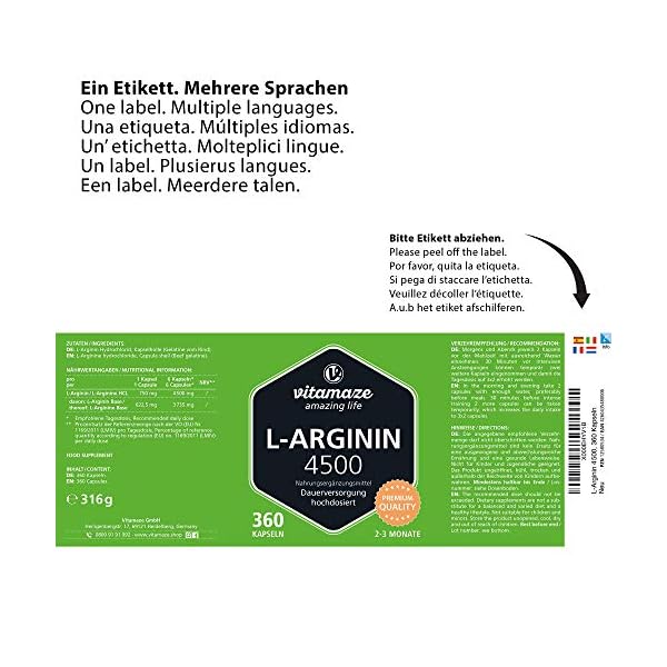 Vitamaze® L-arginina 4500 Mg Ad Alto Dosaggio, 360 Capsule Di Pura L-arginina Hcl Polvere, Qualità Tedesca, Naturale…