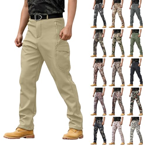 Men's Cargo Trousers - Thermal Fleece Line Elasticated Waist Combat/Work/Walking Pants Casual Multi-Pocket Tracksuit Bottoms Windproof, Straight, Regular, Fitness (B-Khaki, S)