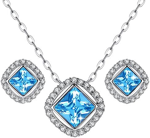 Jewellery Set for Women - Pendant Necklace Stud Earrings Use with Aquamarine Blue Crystal from Swarovski - Pendant Necklace Earrings Set - Perfect for Casual and Formal Occasions - Great Gift Idea