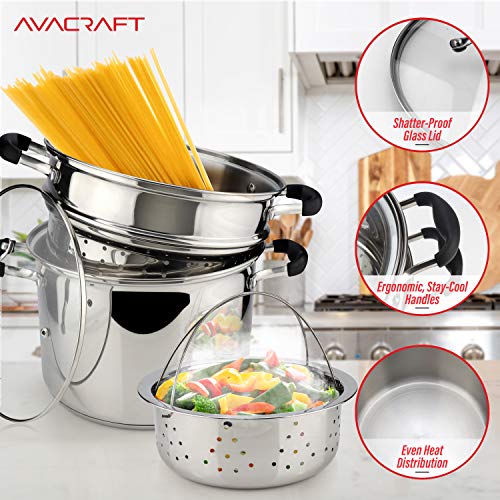 AVACRAFT 18/10 Stainless Steel, 4 Piece Pasta Pot with Strainer Insert