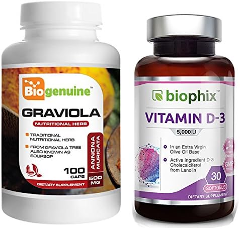 Graviola 500 mg 100 Caps - Free Vitamin D3 5000 IU 30 Softgels - Annona Muricata Squamosa Gunanabana Soursop Natural Antioxidant