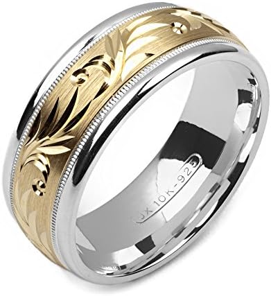 Two Tone .925 Sterling Silver and 10k Yellow Gold Ring 8mm Wide Comfort Fit Wedding Band Size 10