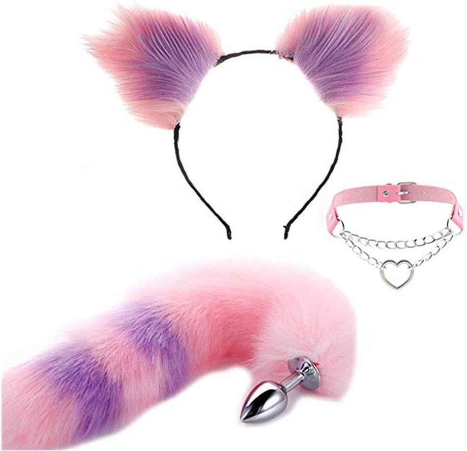 Lsinyan 3 Pcs Furry Fox Tail and Cat Headwear Choker Set for Women Bêginnêrs Men (Pink and Purple)