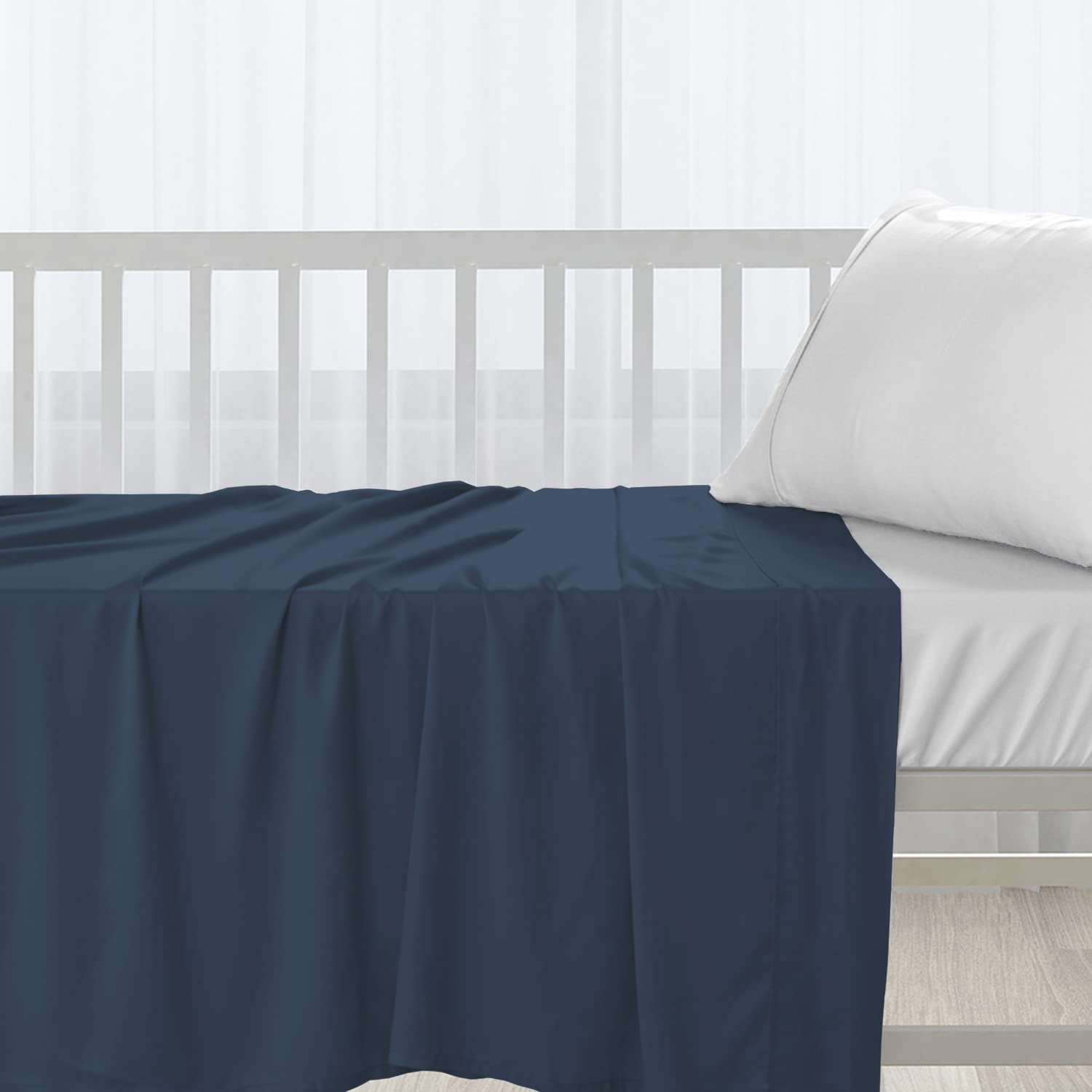 Pizuna Baby Flat Sheet for Crib 70 x 100 cm, Dark Blue, 400 Thread Count 100% Long Staple Cotton Flat Bed Sheet, Soft Sateen Weave Baby Crib Sheet with 5 cm Hem
