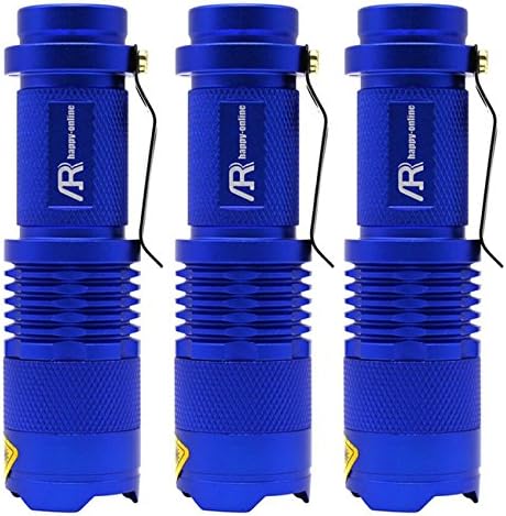 AR happy online 3Pack AR-300 White Light 3 Mode Mini LED Flashlight Torch with Clip 7w 350lm Adjustable Focus Zoomable Light (Blue Shell)