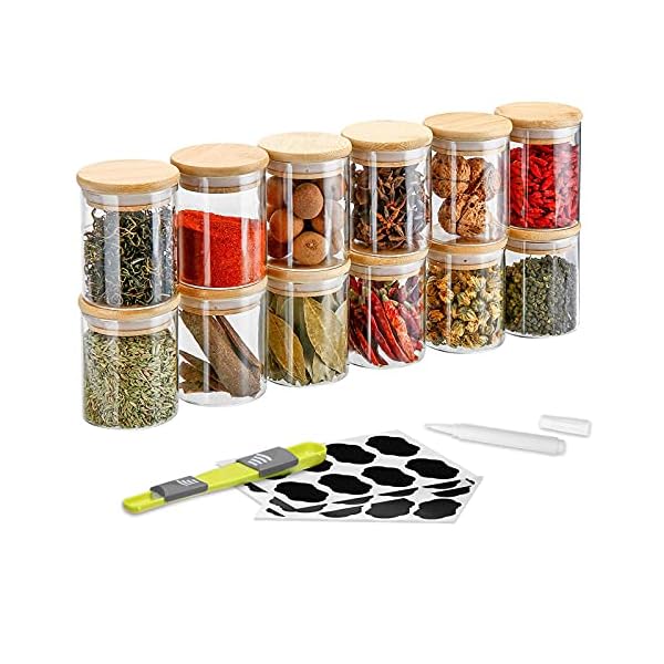 SAWAKE Glass Storage Jars with Bamboo Lids Silicone Ring Set of 12 (250ml) Small AirTight Kitchen Canister Jar Storage Container with Measuring Spoon for Spice Sugar Tea Coffee Beans Nuts Herbs Grains