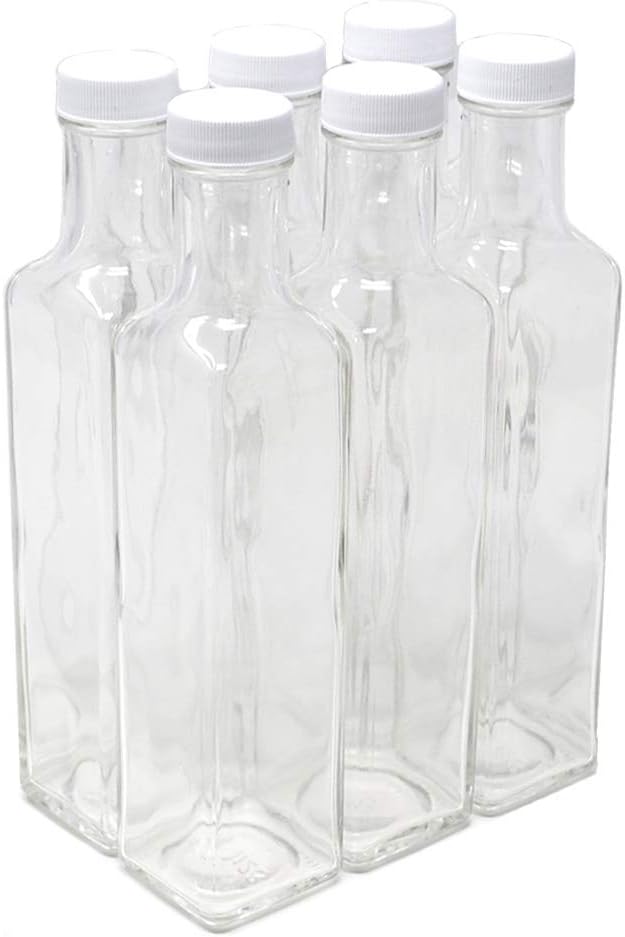 NiceBottles - Clear Glass Quadra Bottles, 250ml, White Caps (8.5 Fl Oz) - Pack of 6: Kitchen & Dining