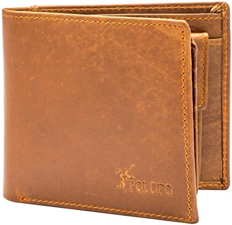 RFID Blocking Genuine Leather Bifold Wallet for Men with ID Window and Coin Pocket Brown