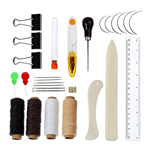 Susuntas 28pcs Bookbinding Tools Starter Tools Set Bone Folder Paper Creaser Waxed Linen Thread Wood Handle Awl Large-eye Needles for Handmade Books Bookbinding and Sewing Supplies