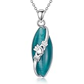Dralox Claddagh Necklace for Women, S925 Sterling Silver Black Agate/Cat Eye/Malachite/Turquoise/Amethyst/Tiger Eye Gemstone Claddagh Pendant Irish Jewelry Anniversary Birthday Gifts for Women