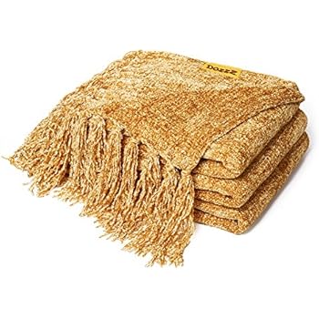 DOZZZ Fluffy Chenille Knitted Throw Blanket with Decorative Fringe for Home Décor Bed Sofa Couch Chair Gold