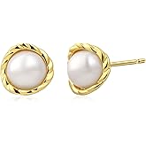 Big Pearl Stud Earrings for Women Vintage Pearl Statement Earrings with 14k Gold plated Twist Edge for Daily or Wedding