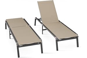 WOAJNQO Aluminum Chaise Foldable Patio Lounge Chair Outdoor, Metal Deck Lounger Adjustable 5-Position Recliner Pool Chase Breathable Full Flat Outside Sun Tanning Chairs for Beach/Poolside/Lawn(Khaki, 2 Pack)