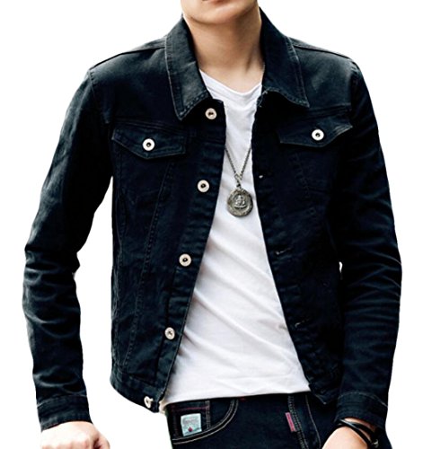 KLJR MenSlim Fit Denim Jacket Classic Button Down Trucker Jacket Black US L