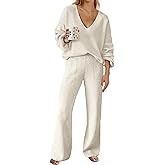 MEROKEETY Women's 2 Piece Outfits Sweater Set Long Sleeve Knit Pullover High Waist Pants Lounge