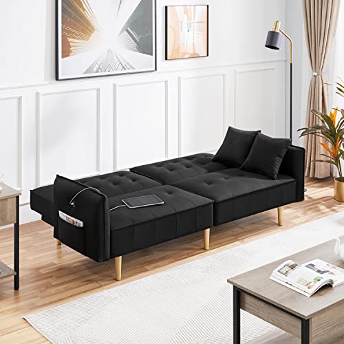 Yaheetech Futon Sofa Bed with USB Ports Futon Couch Futon Daybed Sleeper Sofa for Living Room