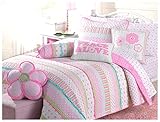 Cozy Line Home Fashions 5-Piece Quilt Bedding Set, Greta Pastel Polka Dot Pink Green Blue Flower 100% COTTON Bedspread Coverlet,Gifts for Kids Girls(Twin -5pc: 1 quilt + 1 sham + 3 Decorative Pillows)