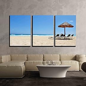 3 Piece Canvas Wall Art - a Beach Chair and Umbrella on a Tropical Beach. - Modern Home Art Stretched and Framed Ready to Hang - 16"x24"x3 Panels