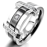 INBLUE Men's Stainless Steel Ring Band CZ Silver Tone Black Wedding Size10