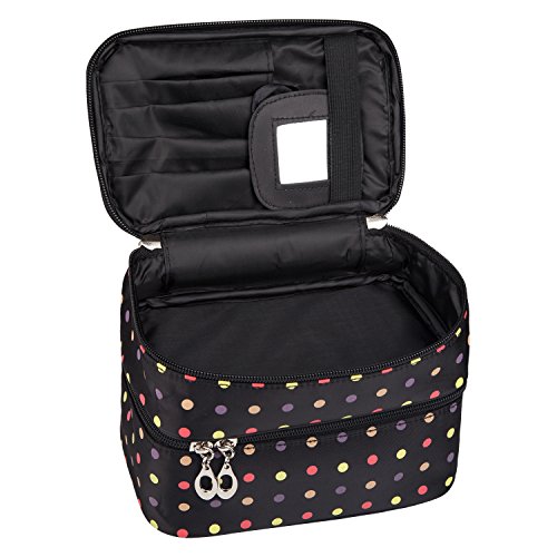 Double Layer Traveling Makeup Bag Small Dots Pattern Cosmetic Bag with MirrorSmall size(Black