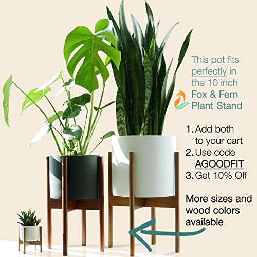Fox & Fern New 10" Plant Pot with Walnut Wood Base - Perfectly Fits Plant Stand - Drainage Plug - Outdoor Indoor - Soft Black - Thumbnail 4