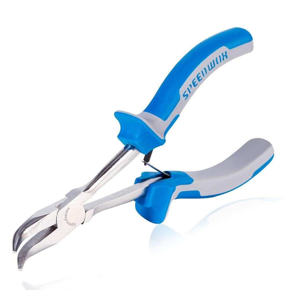 SPEEDWOX Long Reach Bent Nose Pliers 6 Inches 45 Degree Curved Mini Chain Nose Smooth Tapered Jaws Precision Fine Pliers for Hard to Reach Narrow Spaces High Leverage Reduce Efforts Non-Slip Handle