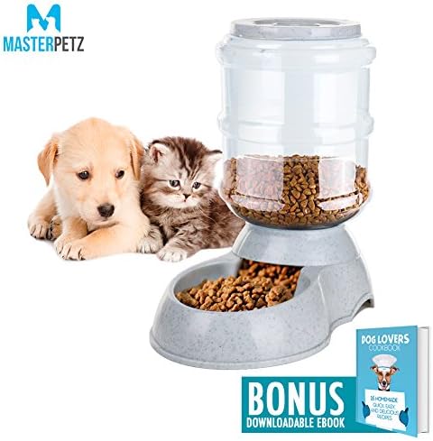 Dog Feeding Bowl for Dogs Cats Puppy Kitten and Small Pets <7 lbs with 8.3 Pound 16 Cups Capacity Automatic Gravity Feeder and Food Dispenser - Premium PP Safety Twist Mouth Ring with Ebook