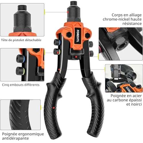 FOREVTL 26cm Rivet Pliers with Reinforced Lever - Professional 5in1 Manual Riveter for Blind Rivets Diameter 2.4 - 6.4 mm - Includes 200 Rivets & 5 Bits - Heavy Duty Metal Repair Tool