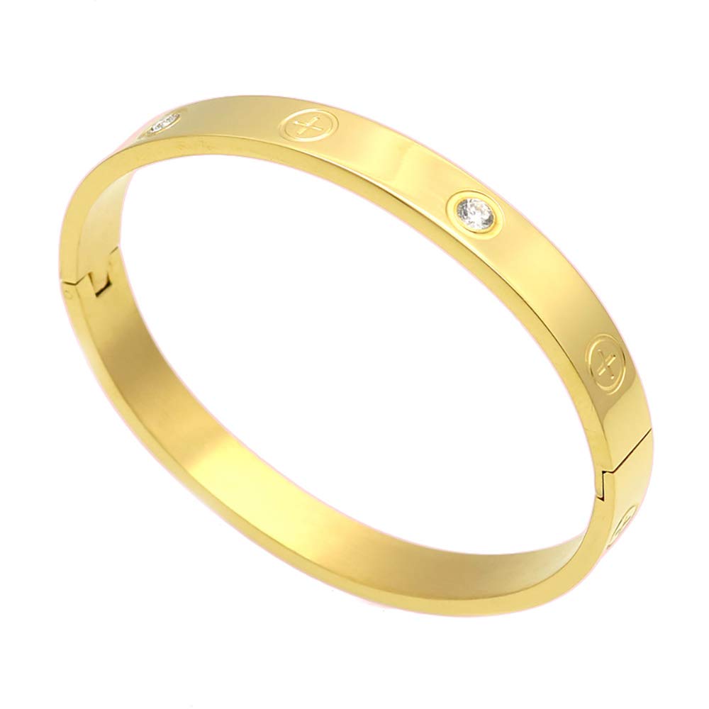 SEFILKO Luxury Gold -Plated Stainless Steel with CZ Stone Simple Style Love Bangle Bracelet for Women Men (Gold size 19cm)