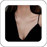 Allereyae Vintage Long Chain Drop Y Necklace Long Ball Chain Necklace Boho Chian Y Lariat Necklace Silver Thin Chian Choker Necklace Jewelry for Women