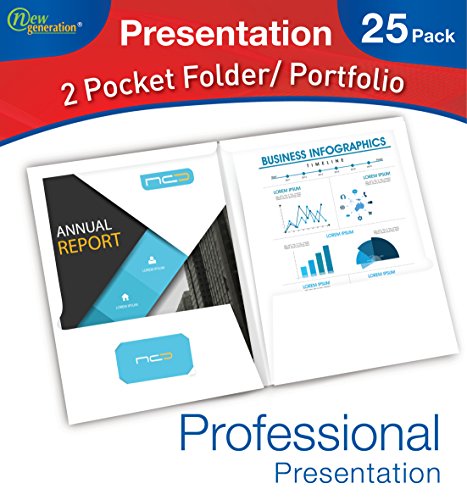 New Generation - WHITE - 2 Pocket Folder , Durable Heavy Duty UV Glossy Laminated, Letter Size Business Presentation Portfolio with a die-cut business card holder, Bulk 25 Folders Pack (WHITE)
