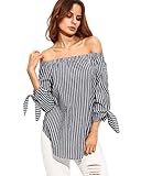 StyleDome Women Striped Off the Shoulder Elegant Shirts 3/4 Sleeve Blouse Tie Cuff Irregular Hem Sexy Tee Tops