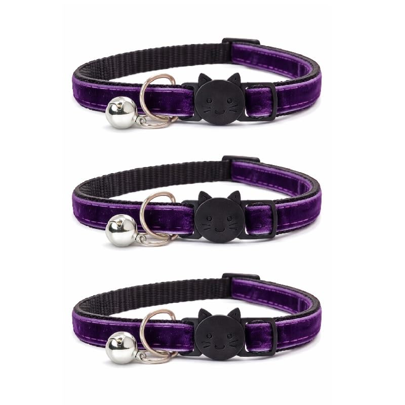 Velvet Cat Collars with Bell. Safe Breakaway Quick Release Buckle. Available in Cat & Kitten Size (Pack of 3) (Cat Collar (20cm - 30cm), Deep Purple Velvet (Pack of 3))